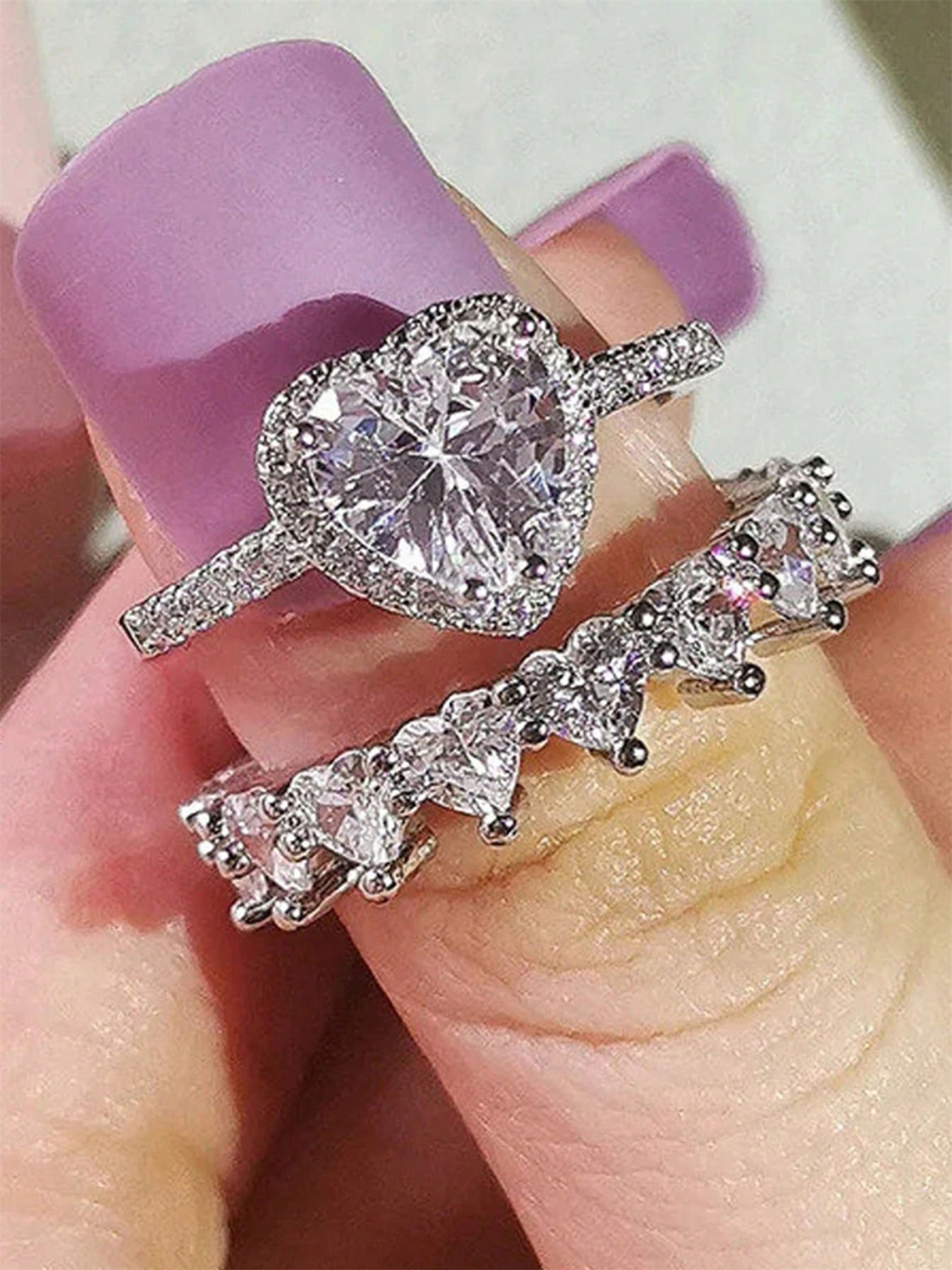 2 Pcs/set Romantic Heart Cubic Zirconia Ring For Women For Wedding Engagement Anniversary Party Jewelry Valentine's Day Gift_voghion.com